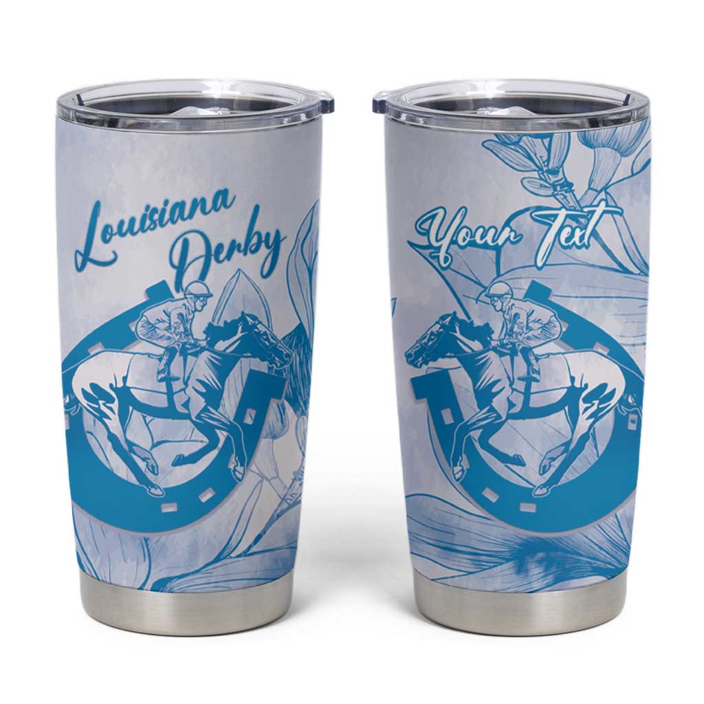 Personalized Louisiana Horse Racing Derby Tumbler Cup Magnolia Blossom Horseshoe Pastel Blue