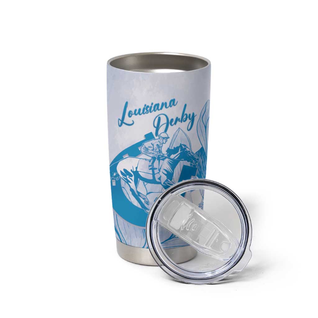 Personalized Louisiana Horse Racing Derby Tumbler Cup Magnolia Blossom Horseshoe Pastel Blue