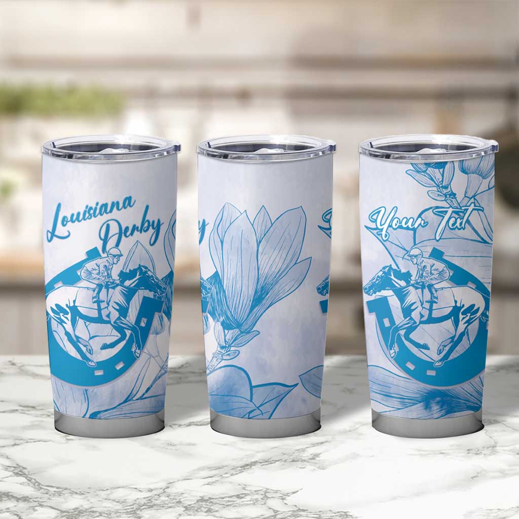 Personalized Louisiana Horse Racing Derby Tumbler Cup Magnolia Blossom Horseshoe Pastel Blue