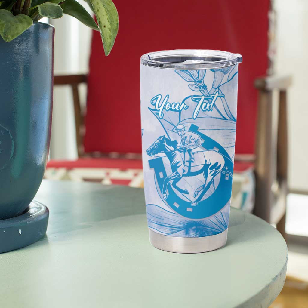 Personalized Louisiana Horse Racing Derby Tumbler Cup Magnolia Blossom Horseshoe Pastel Blue