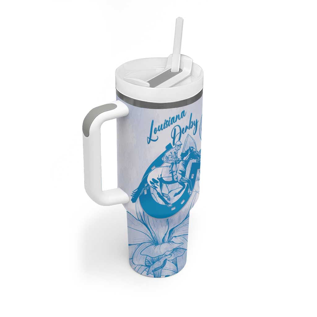 Personalized Louisiana Horse Racing Derby Tumbler With Handle Magnolia Blossom Horseshoe Pastel Blue