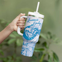 Personalized Louisiana Horse Racing Derby Tumbler With Handle Magnolia Blossom Horseshoe Pastel Blue