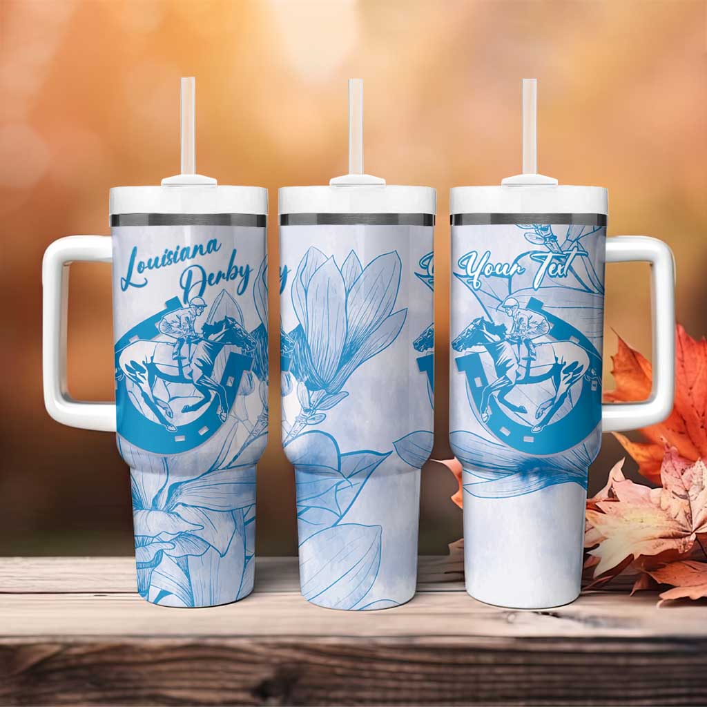Personalized Louisiana Horse Racing Derby Tumbler With Handle Magnolia Blossom Horseshoe Pastel Blue