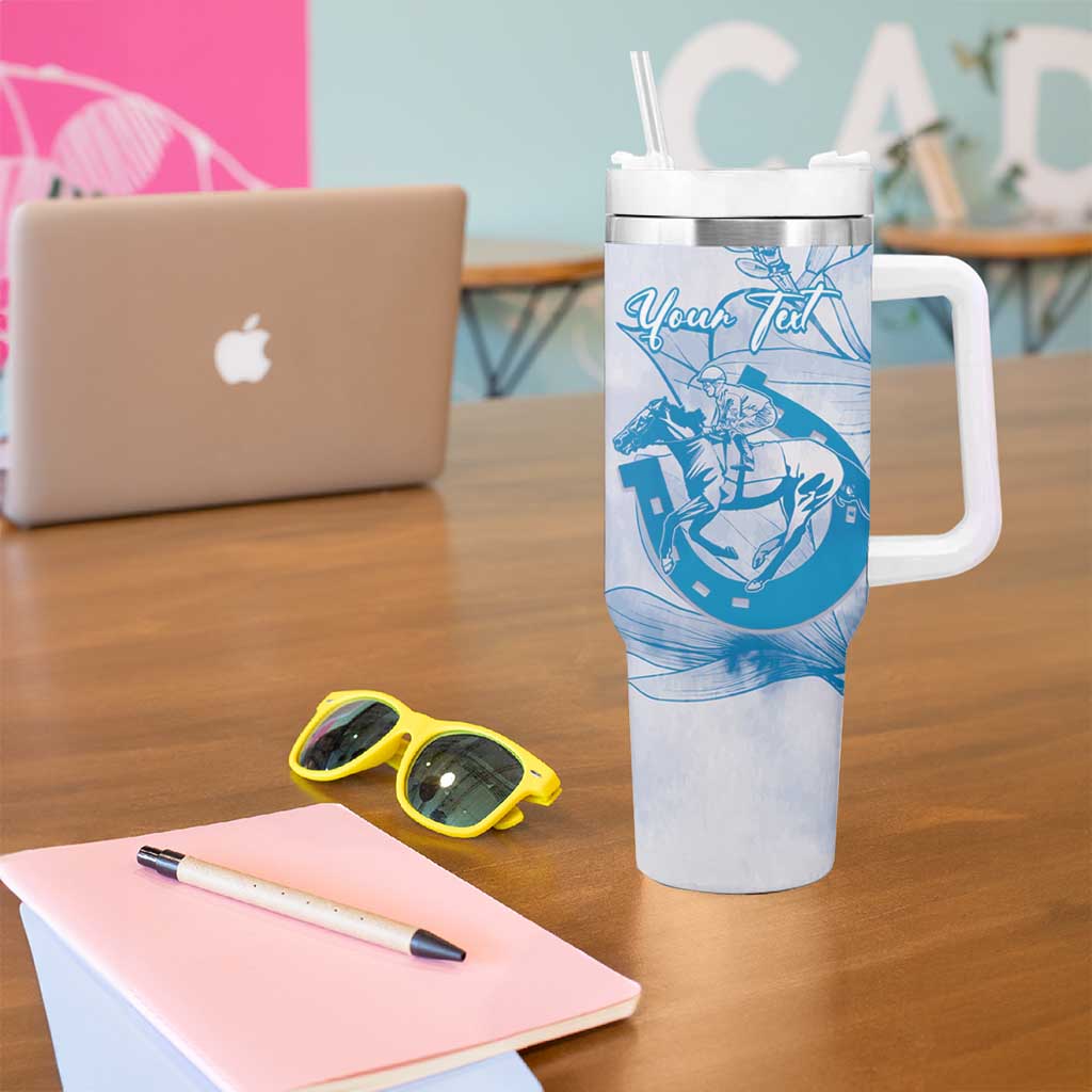 Personalized Louisiana Horse Racing Derby Tumbler With Handle Magnolia Blossom Horseshoe Pastel Blue
