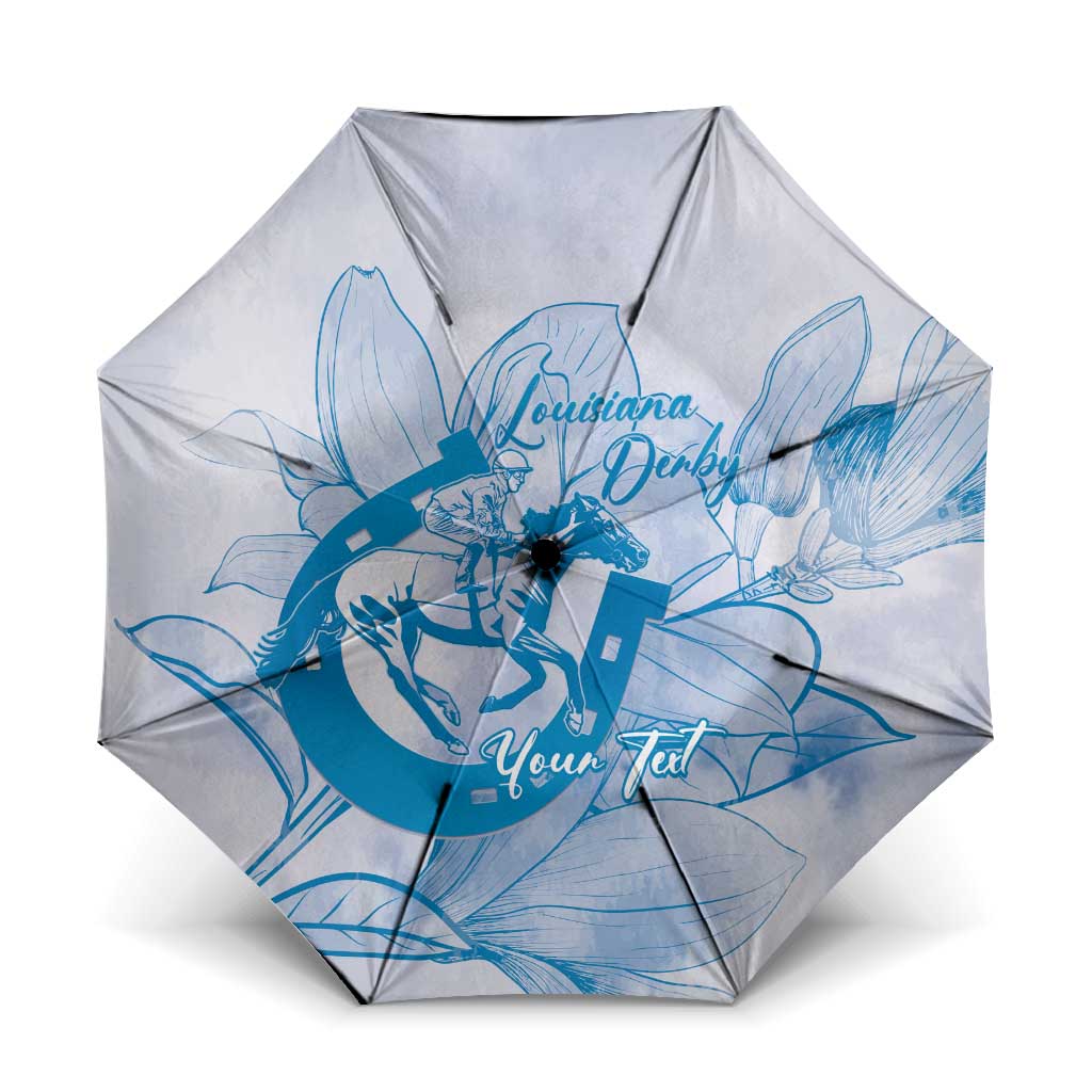 Personalized Louisiana Horse Racing Derby Umbrella Magnolia Blossom Horseshoe Pastel Blue