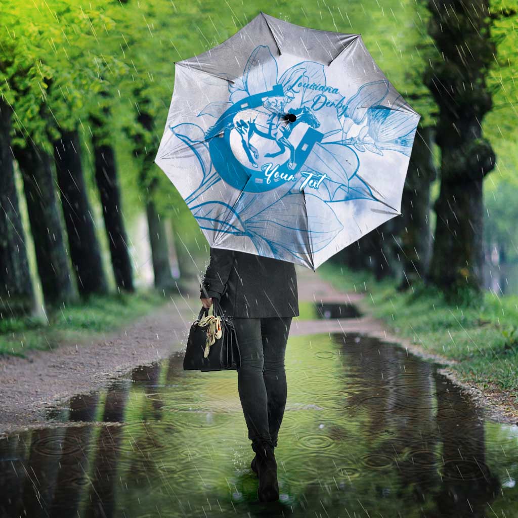 Personalized Louisiana Horse Racing Derby Umbrella Magnolia Blossom Horseshoe Pastel Blue