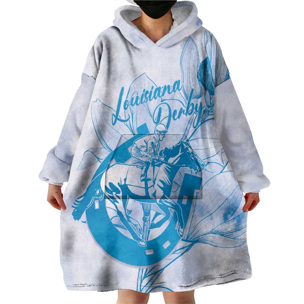 Personalized Louisiana Horse Racing Derby Wearable Blanket Hoodie Magnolia Blossom Horseshoe Pastel Blue
