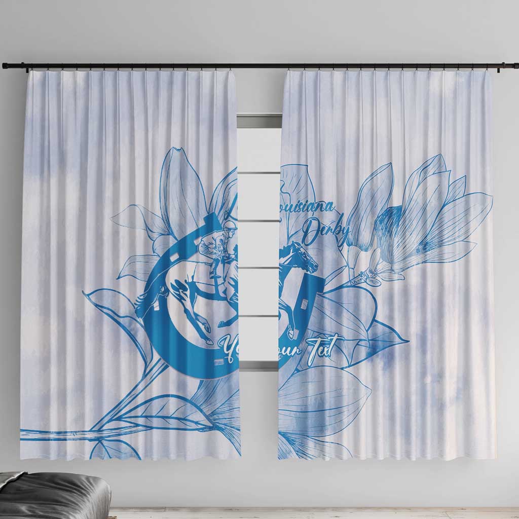 Personalized Louisiana Horse Racing Derby Window Curtain Magnolia Blossom Horseshoe Pastel Blue