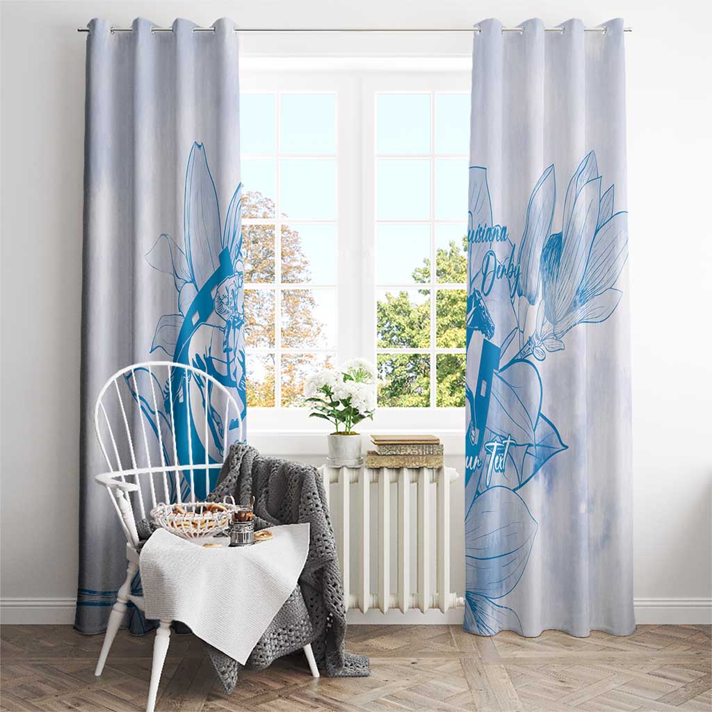 Personalized Louisiana Horse Racing Derby Window Curtain Magnolia Blossom Horseshoe Pastel Blue