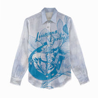 Personalized Louisiana Horse Racing Derby Women Casual Shirt Magnolia Blossom Horseshoe Pastel Blue