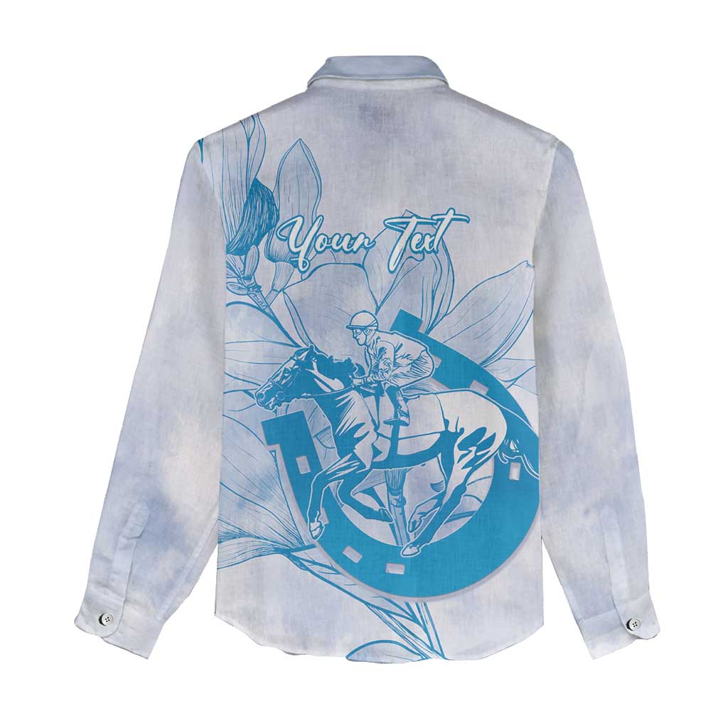Personalized Louisiana Horse Racing Derby Women Casual Shirt Magnolia Blossom Horseshoe Pastel Blue