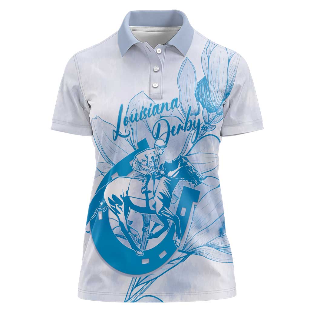 Personalized Louisiana Horse Racing Derby Women Polo Shirt Magnolia Blossom Horseshoe Pastel Blue