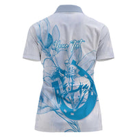 Personalized Louisiana Horse Racing Derby Women Polo Shirt Magnolia Blossom Horseshoe Pastel Blue