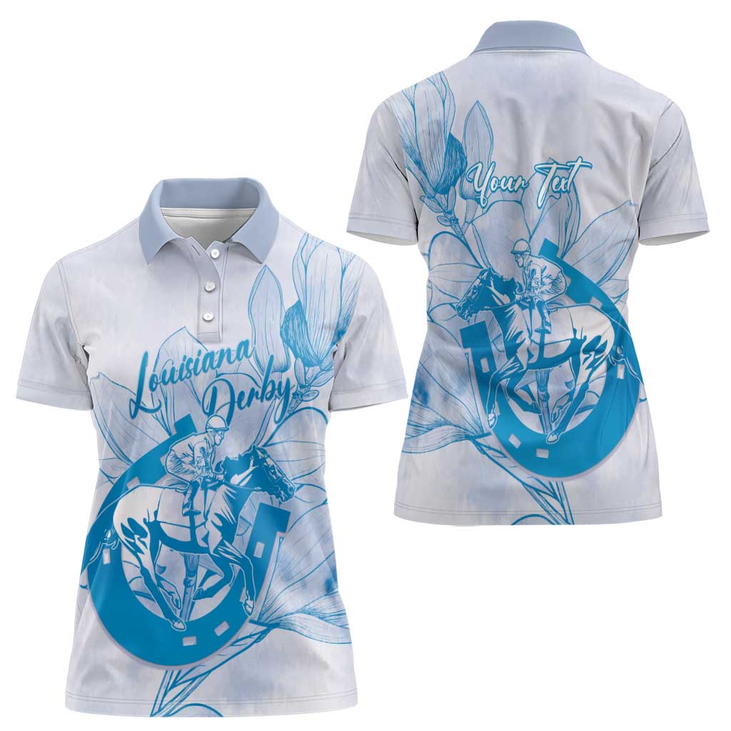 Personalized Louisiana Horse Racing Derby Women Polo Shirt Magnolia Blossom Horseshoe Pastel Blue