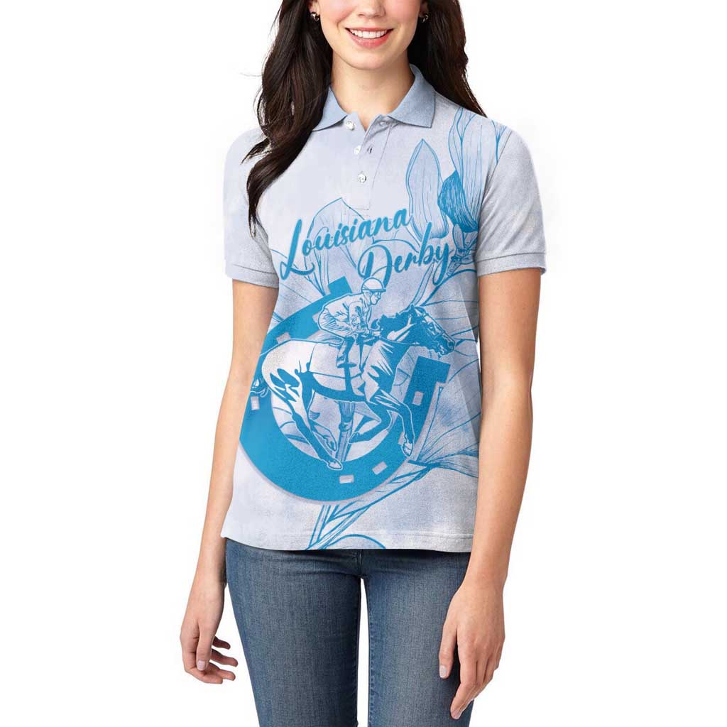 Personalized Louisiana Horse Racing Derby Women Polo Shirt Magnolia Blossom Horseshoe Pastel Blue