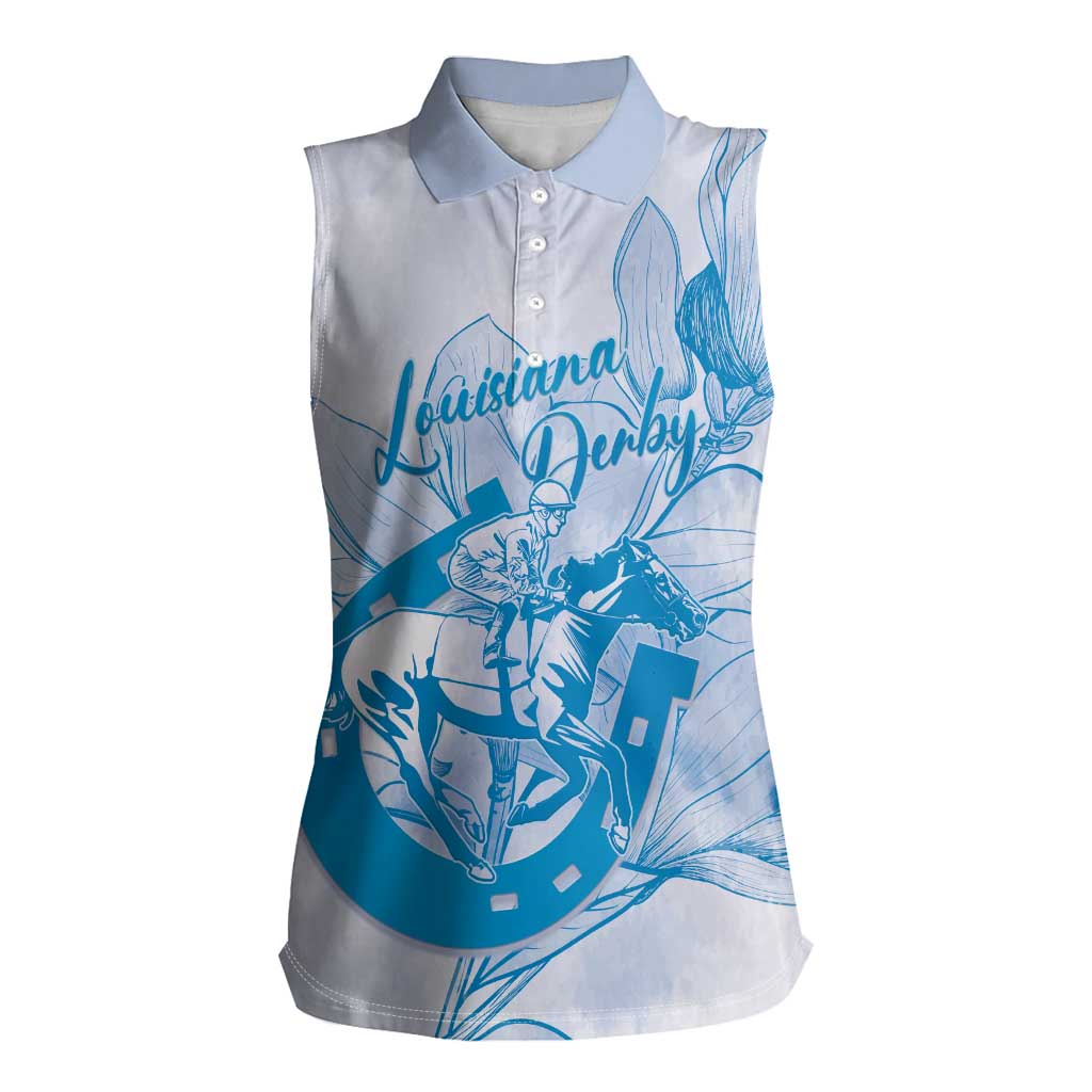 Personalized Louisiana Horse Racing Derby Women Sleeveless Polo Shirt Magnolia Blossom Horseshoe Pastel Blue