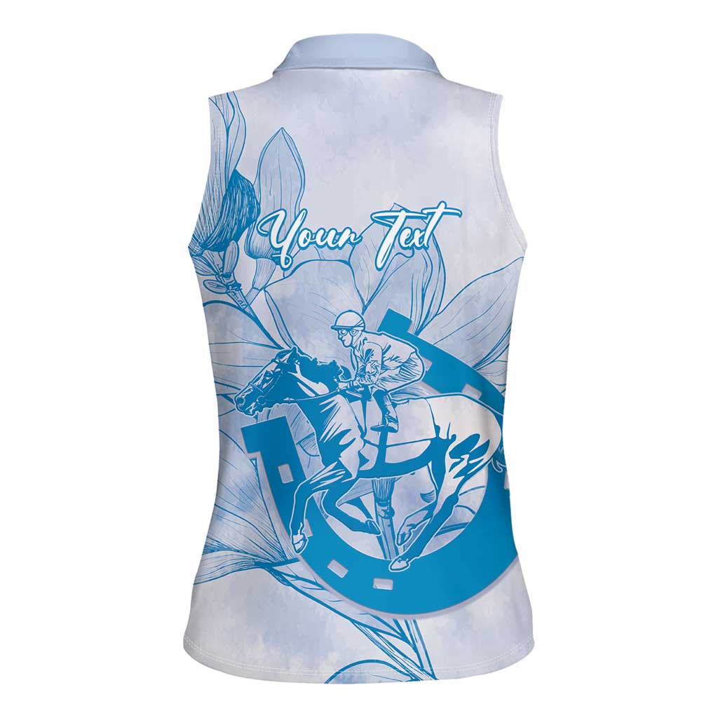 Personalized Louisiana Horse Racing Derby Women Sleeveless Polo Shirt Magnolia Blossom Horseshoe Pastel Blue