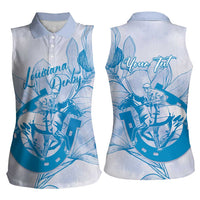 Personalized Louisiana Horse Racing Derby Women Sleeveless Polo Shirt Magnolia Blossom Horseshoe Pastel Blue