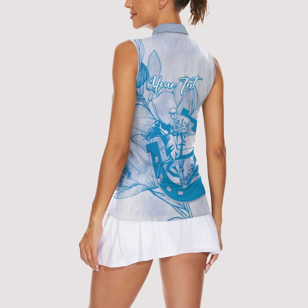 Personalized Louisiana Horse Racing Derby Women Sleeveless Polo Shirt Magnolia Blossom Horseshoe Pastel Blue