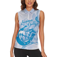 Personalized Louisiana Horse Racing Derby Women Sleeveless Polo Shirt Magnolia Blossom Horseshoe Pastel Blue