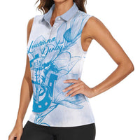 Personalized Louisiana Horse Racing Derby Women Sleeveless Polo Shirt Magnolia Blossom Horseshoe Pastel Blue