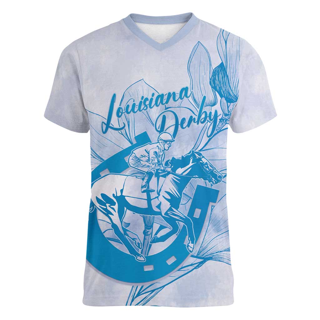 Personalized Louisiana Horse Racing Derby Women V-Neck T-Shirt Magnolia Blossom Horseshoe Pastel Blue
