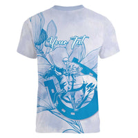 Personalized Louisiana Horse Racing Derby Women V-Neck T-Shirt Magnolia Blossom Horseshoe Pastel Blue