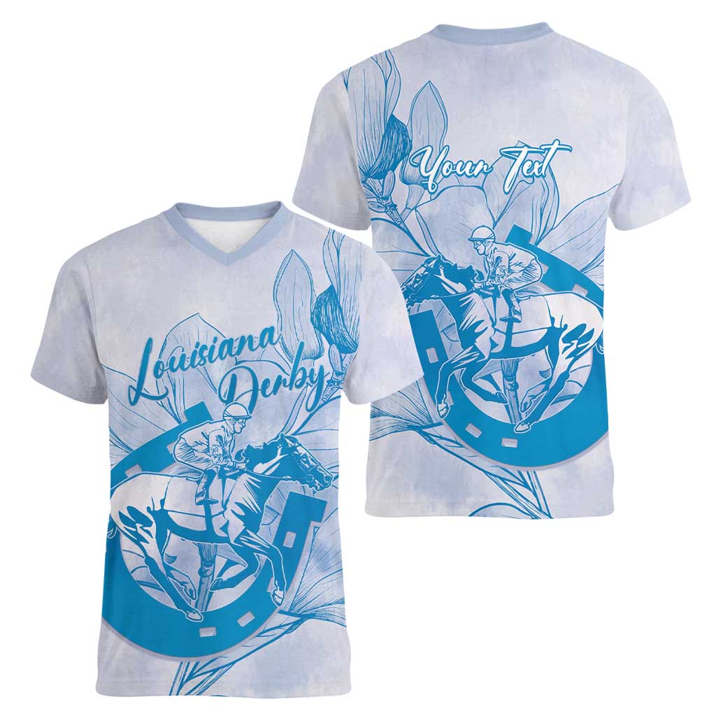 Personalized Louisiana Horse Racing Derby Women V-Neck T-Shirt Magnolia Blossom Horseshoe Pastel Blue