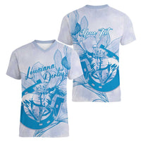 Personalized Louisiana Horse Racing Derby Women V-Neck T-Shirt Magnolia Blossom Horseshoe Pastel Blue