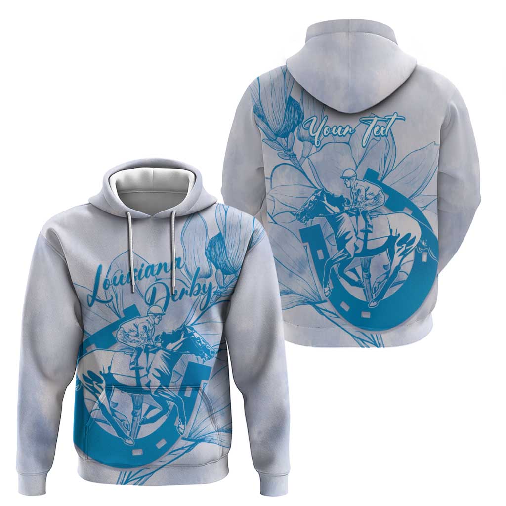 Personalized Louisiana Horse Racing Derby Zip Hoodie Magnolia Blossom Horseshoe Pastel Blue