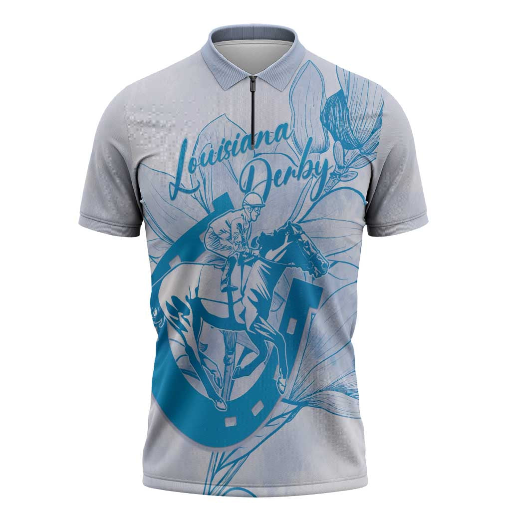 Personalized Louisiana Horse Racing Derby Zipper Polo Shirt Magnolia Blossom Horseshoe Pastel Blue