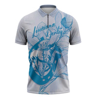 Personalized Louisiana Horse Racing Derby Zipper Polo Shirt Magnolia Blossom Horseshoe Pastel Blue
