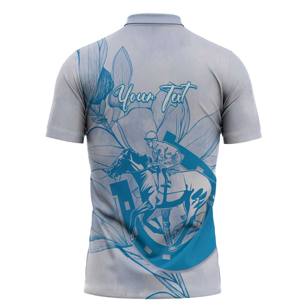 Personalized Louisiana Horse Racing Derby Zipper Polo Shirt Magnolia Blossom Horseshoe Pastel Blue