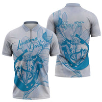 Personalized Louisiana Horse Racing Derby Zipper Polo Shirt Magnolia Blossom Horseshoe Pastel Blue