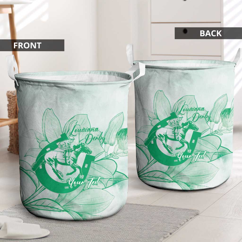 Personalized Louisiana Horse Racing Derby Laundry Basket Magnolia Blossom Horseshoe Pastel Green