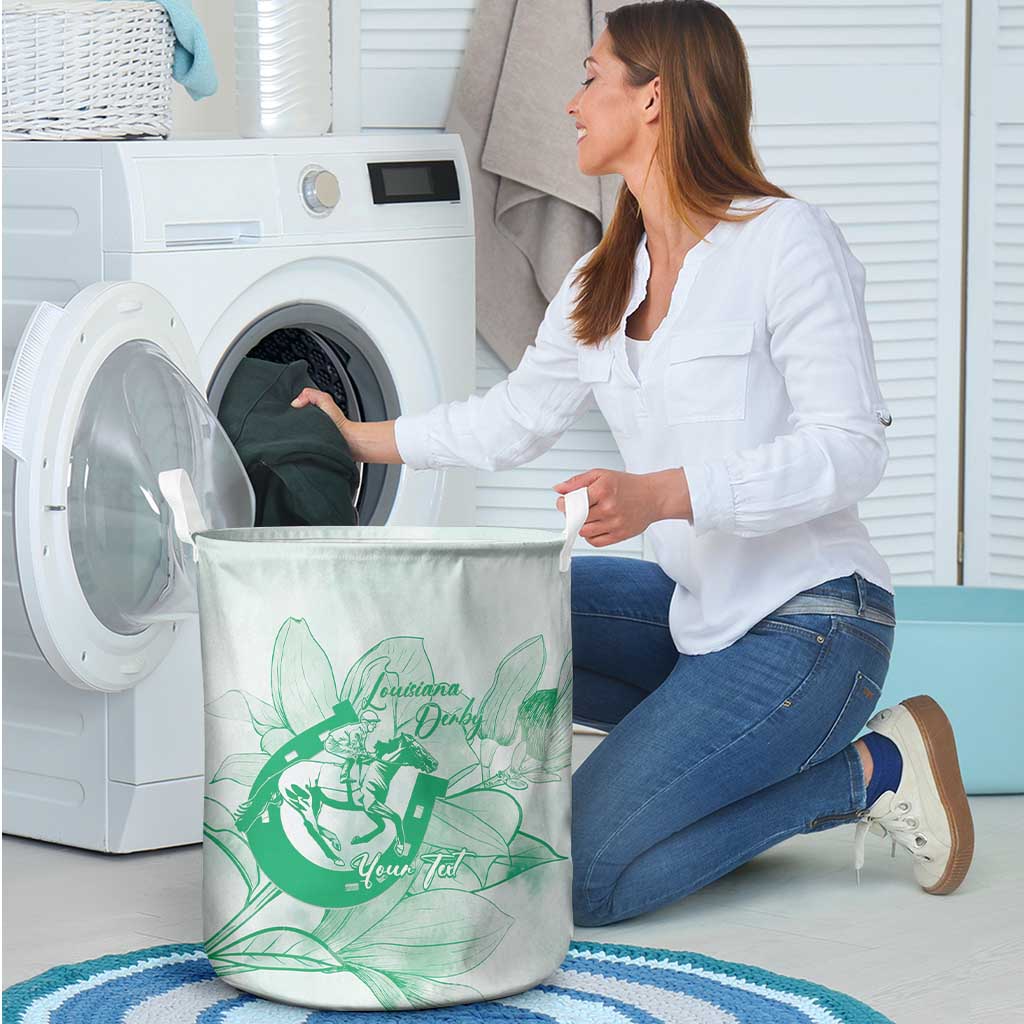 Personalized Louisiana Horse Racing Derby Laundry Basket Magnolia Blossom Horseshoe Pastel Green