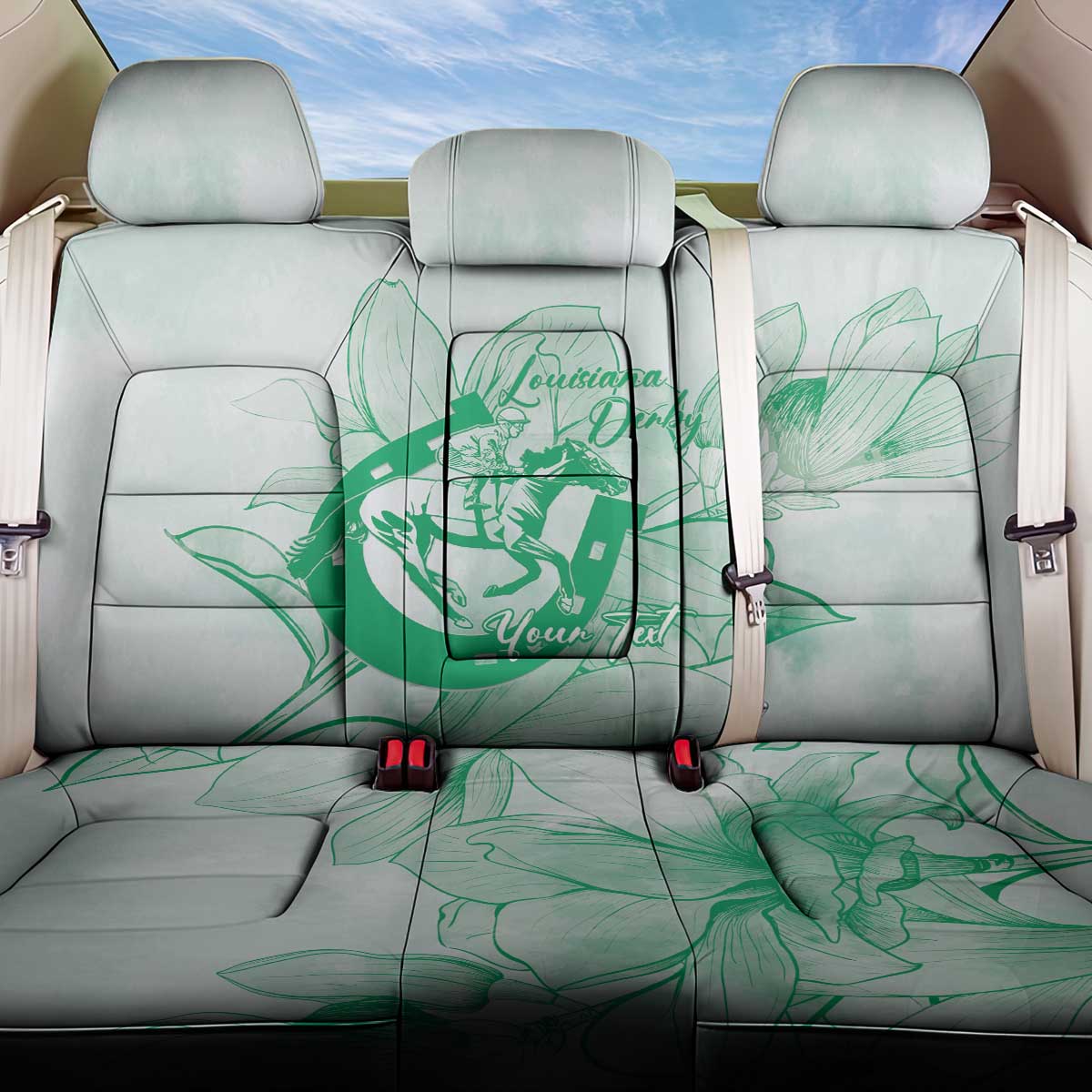 Personalized Louisiana Horse Racing Derby Back Car Seat Cover Magnolia Blossom Horseshoe Pastel Green