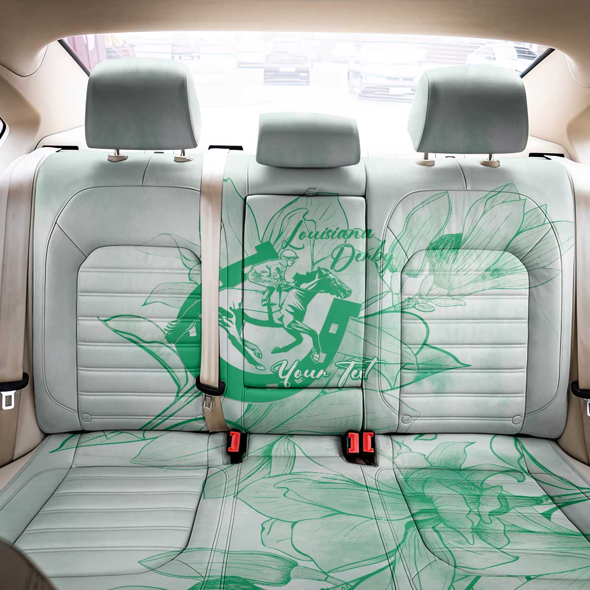 Personalized Louisiana Horse Racing Derby Back Car Seat Cover Magnolia Blossom Horseshoe Pastel Green