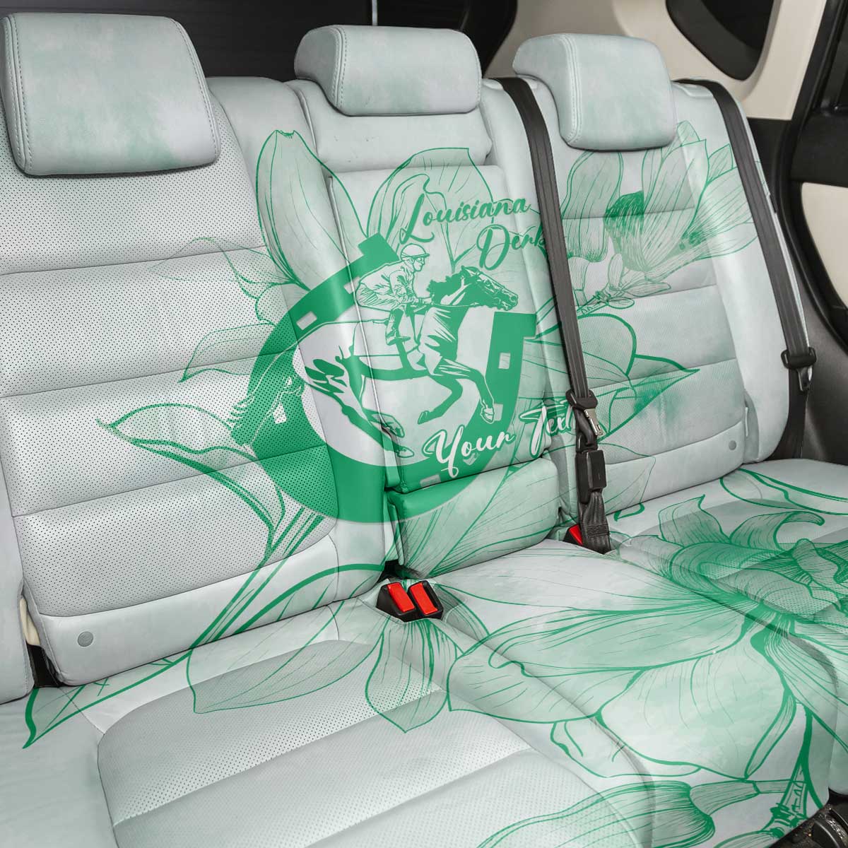 Personalized Louisiana Horse Racing Derby Back Car Seat Cover Magnolia Blossom Horseshoe Pastel Green