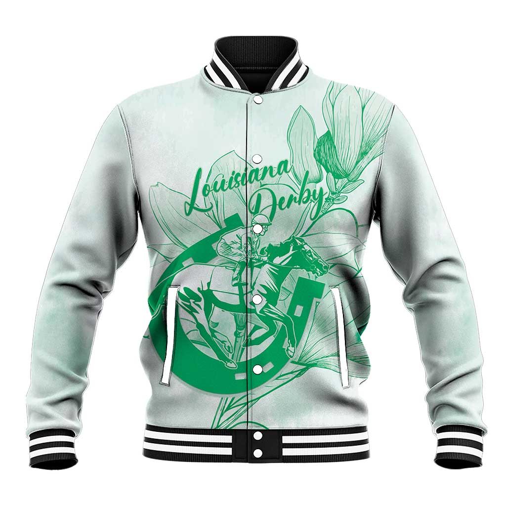 Personalized Louisiana Horse Racing Derby Baseball Jacket Magnolia Blossom Horseshoe Pastel Green