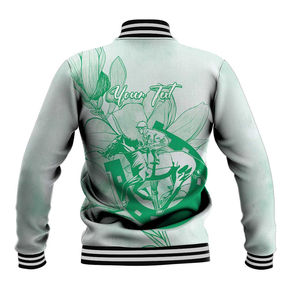 Personalized Louisiana Horse Racing Derby Baseball Jacket Magnolia Blossom Horseshoe Pastel Green