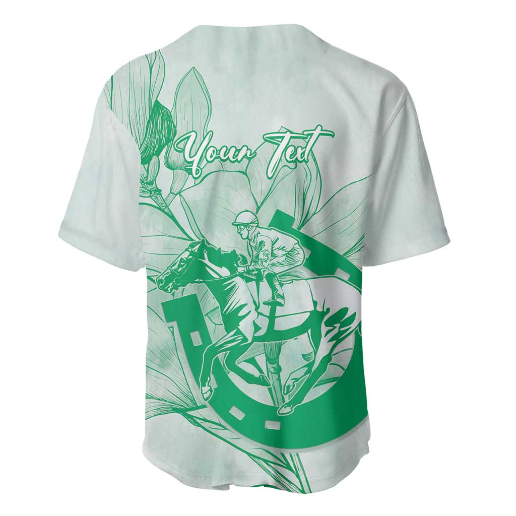 Personalized Louisiana Horse Racing Derby Baseball Jersey Magnolia Blossom Horseshoe Pastel Green
