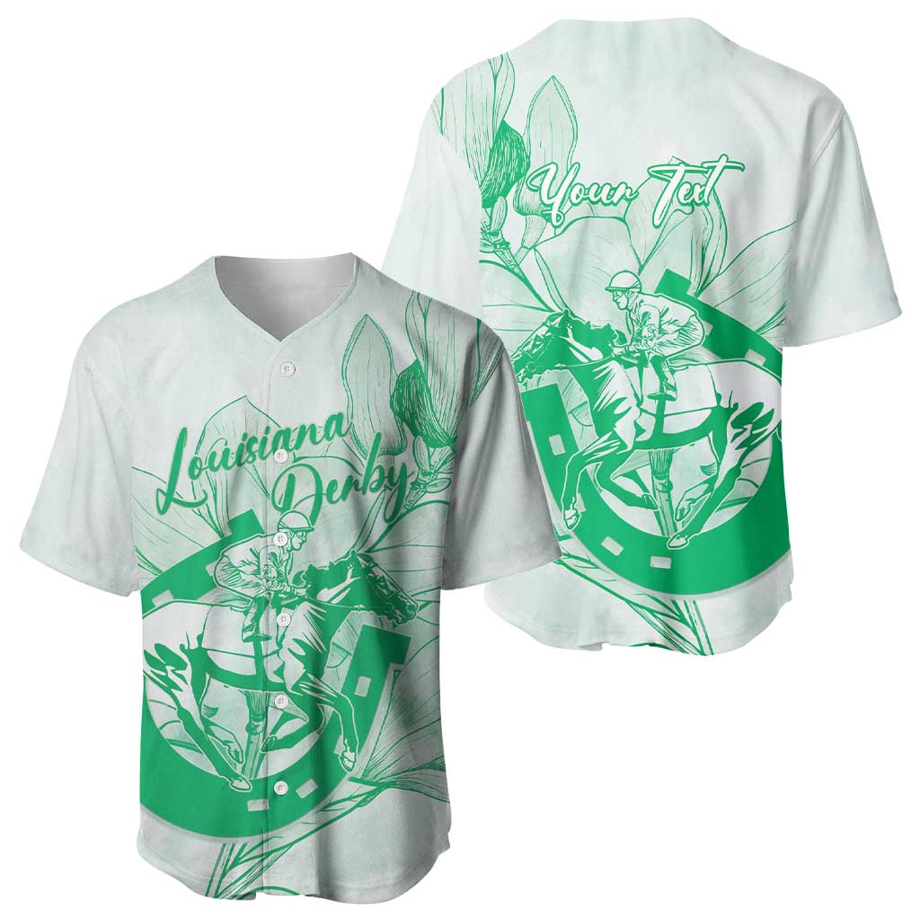 Personalized Louisiana Horse Racing Derby Baseball Jersey Magnolia Blossom Horseshoe Pastel Green