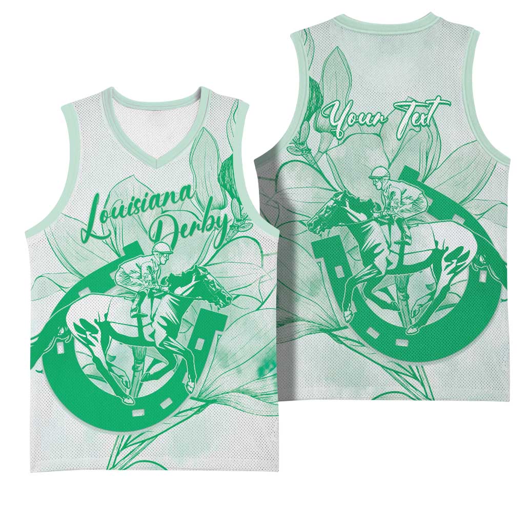 Personalized Louisiana Horse Racing Derby Basketball Jersey Magnolia Blossom Horseshoe Pastel Green