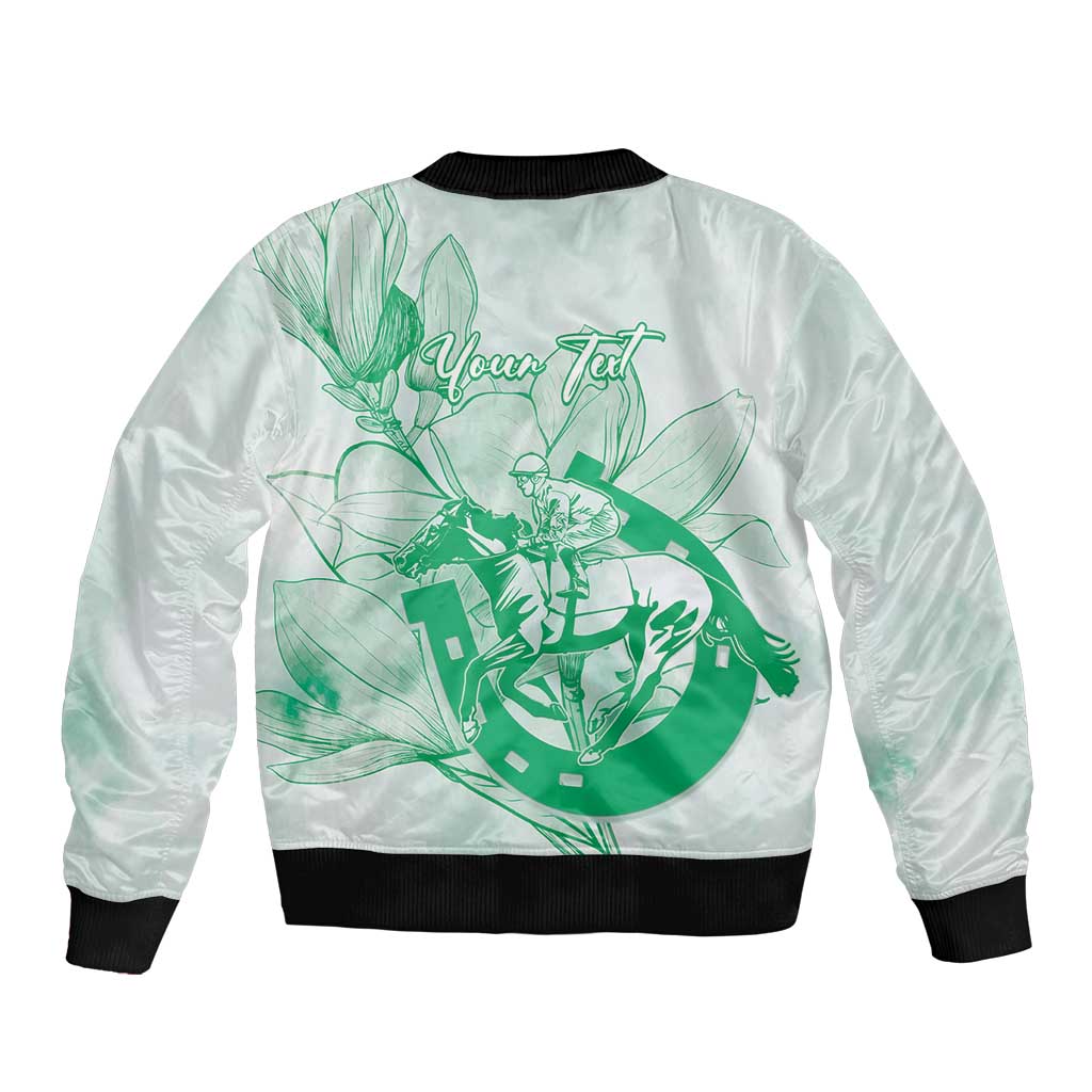 Personalized Louisiana Horse Racing Derby Bomber Jacket Magnolia Blossom Horseshoe Pastel Green