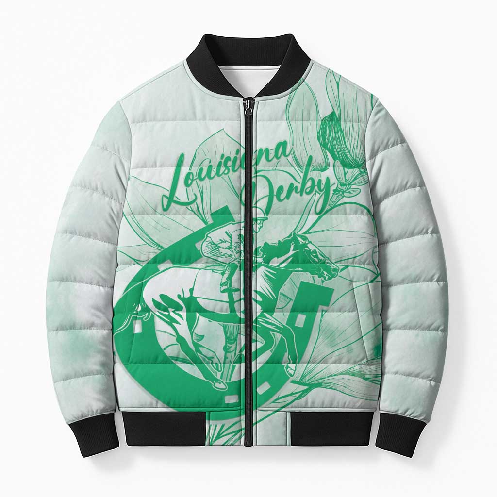 Personalized Louisiana Horse Racing Derby Bomber Puffer Jacket Magnolia Blossom Horseshoe Pastel Green