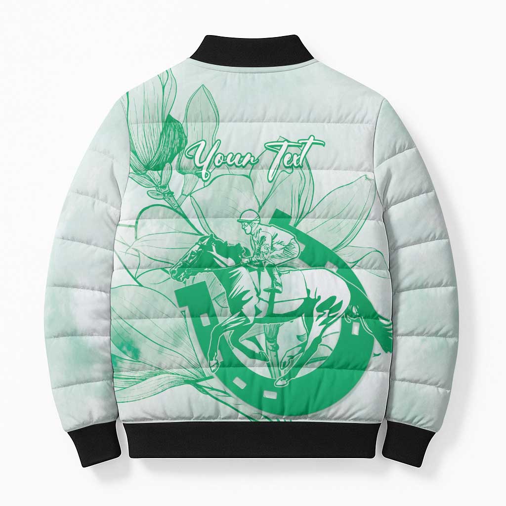 Personalized Louisiana Horse Racing Derby Bomber Puffer Jacket Magnolia Blossom Horseshoe Pastel Green