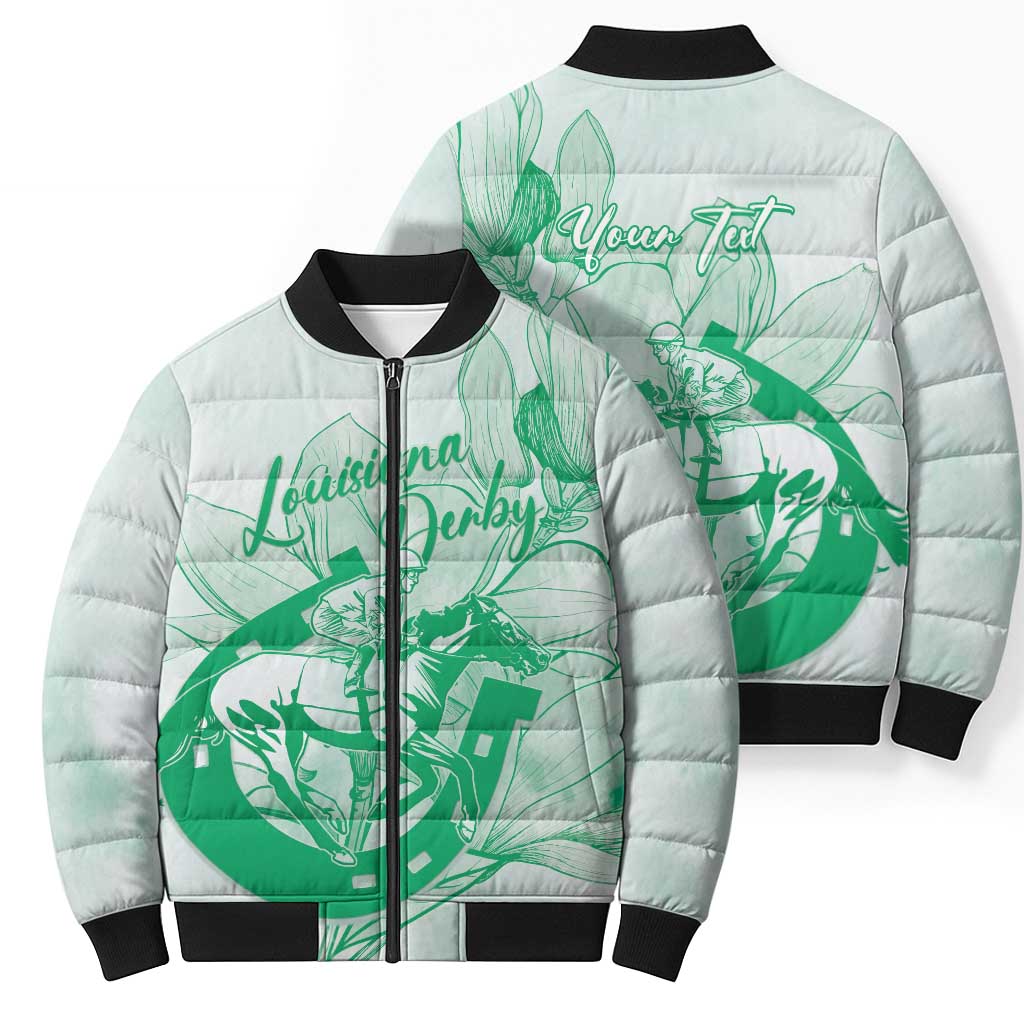 Personalized Louisiana Horse Racing Derby Bomber Puffer Jacket Magnolia Blossom Horseshoe Pastel Green