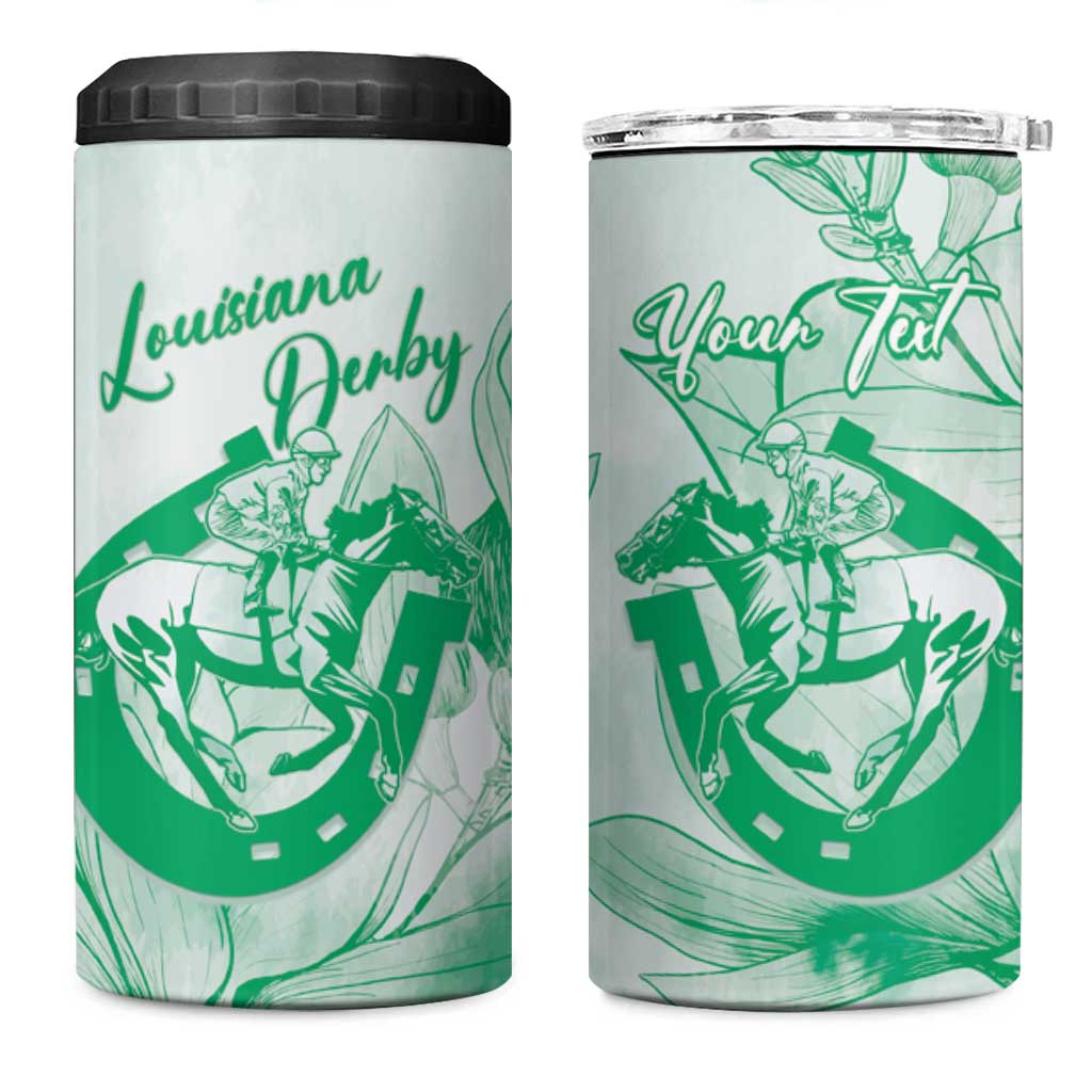 Personalized Louisiana Horse Racing Derby 4 in 1 Can Cooler Tumbler Magnolia Blossom Horseshoe Pastel Green