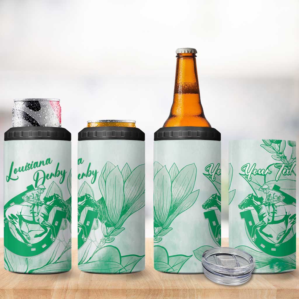 Personalized Louisiana Horse Racing Derby 4 in 1 Can Cooler Tumbler Magnolia Blossom Horseshoe Pastel Green